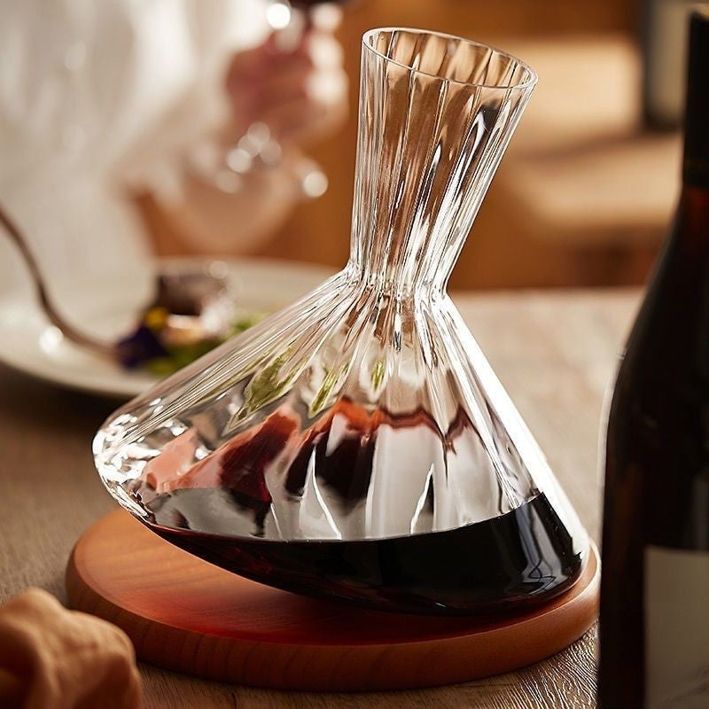 mamure Rotatable Wine Decanter with Wooden Stand – Spinning Crystal Carafe for Red & White Wine