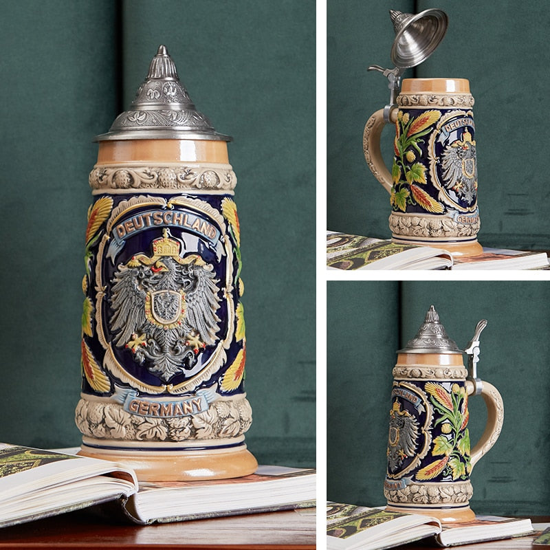 mamure Traditional German Beer Stein – Vintage Ceramic Mug with Lid
